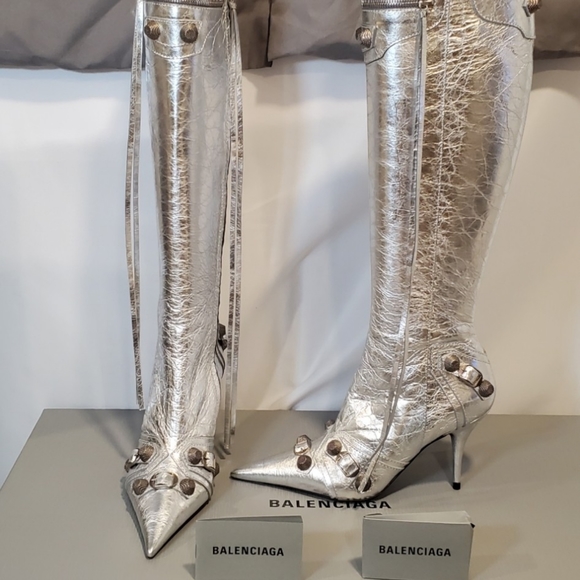 BALENCIAGA CAGOLE 90MM KNEE HIGH BOOTS IN SILVER SIZES US SZ 6 RETAIL $2,550 - Picture 5 of 14